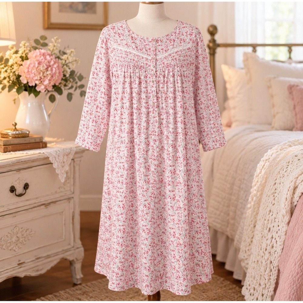 Eileen West Medium Pink Floral Cotton Nightgown Lace Trim Long Sleeve